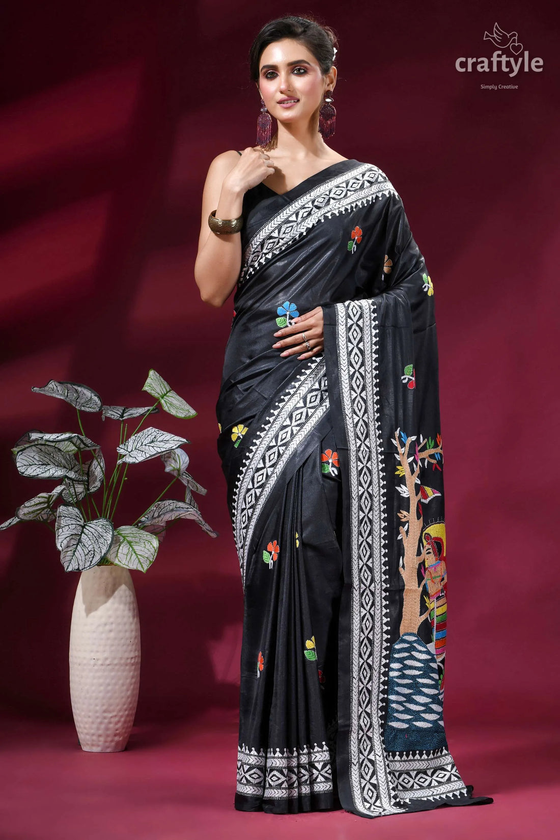 Mythology theme handcrafted kantha silk saree in almost black black silk saree intricate white 1