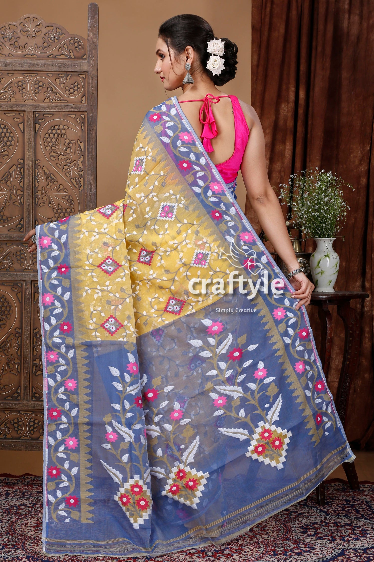 Naples Yellow and Light Blue Elegant Jamdani Saree for Women - Craftyle
