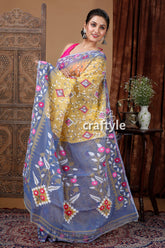 Naples Yellow and Light Blue Elegant Jamdani Saree for Women - Craftyle