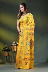 Naples yellow fish motif hand embroidered kantha silk saree 3