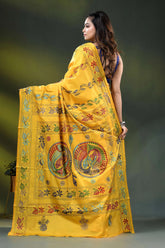 Naples yellow fish motif hand embroidered kantha silk saree 5