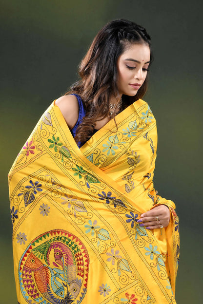 Naples yellow fish motif hand embroidered kantha silk saree 2