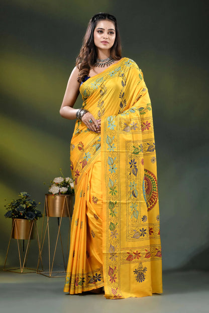 Naples yellow fish motif hand embroidered kantha silk saree 6
