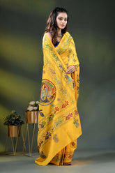 Naples yellow fish motif hand embroidered kantha silk saree 4