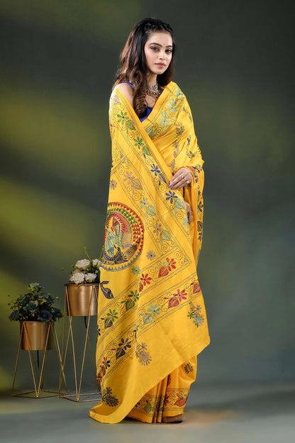 Naples yellow fish motif hand embroidered kantha silk saree 4
