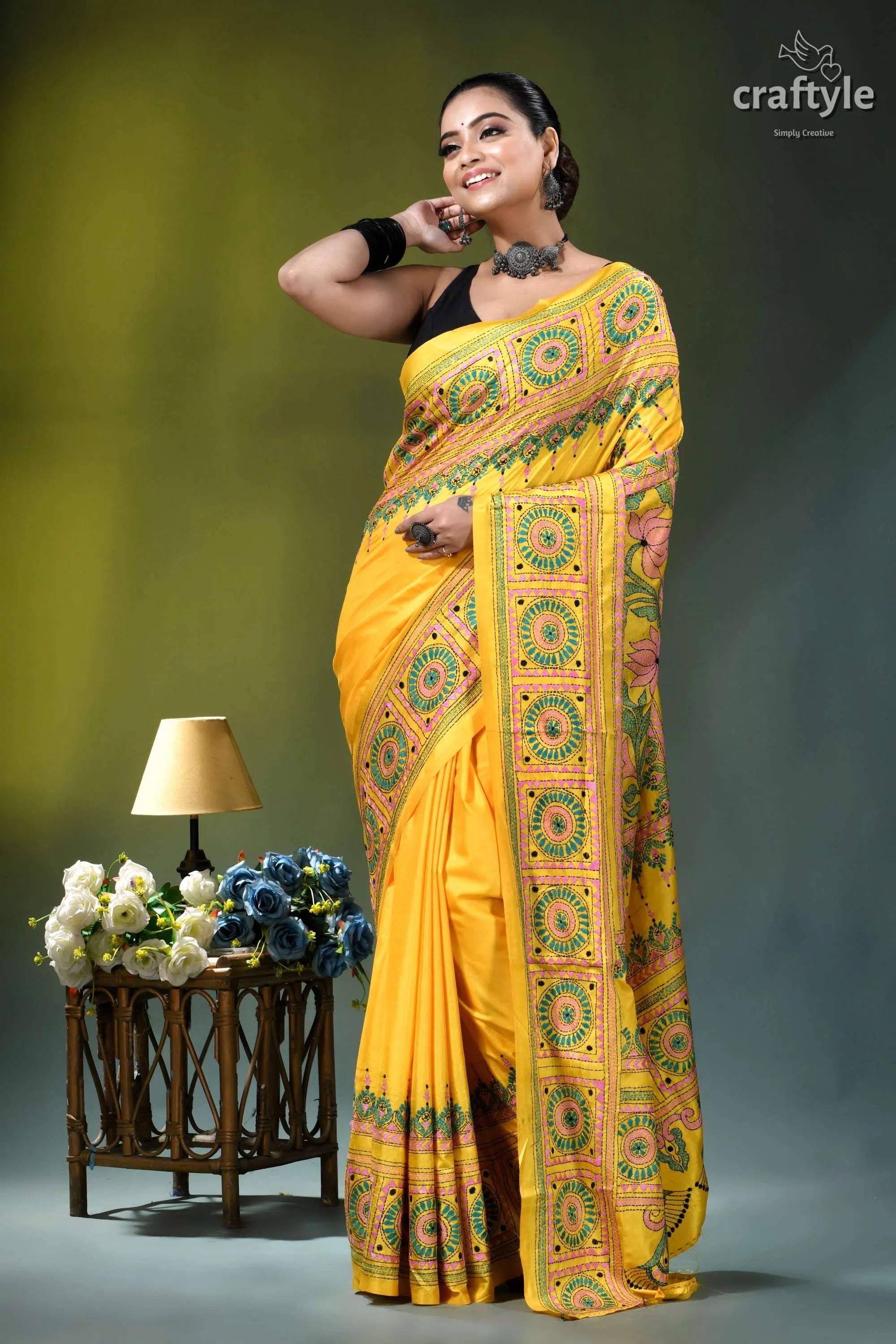 Naples yellow lotus motif handcrafted silk kantha saree vibrant yellow saree intricate green 6