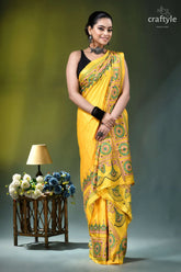 Naples yellow lotus motif handcrafted silk kantha saree vibrant yellow saree intricate green 5