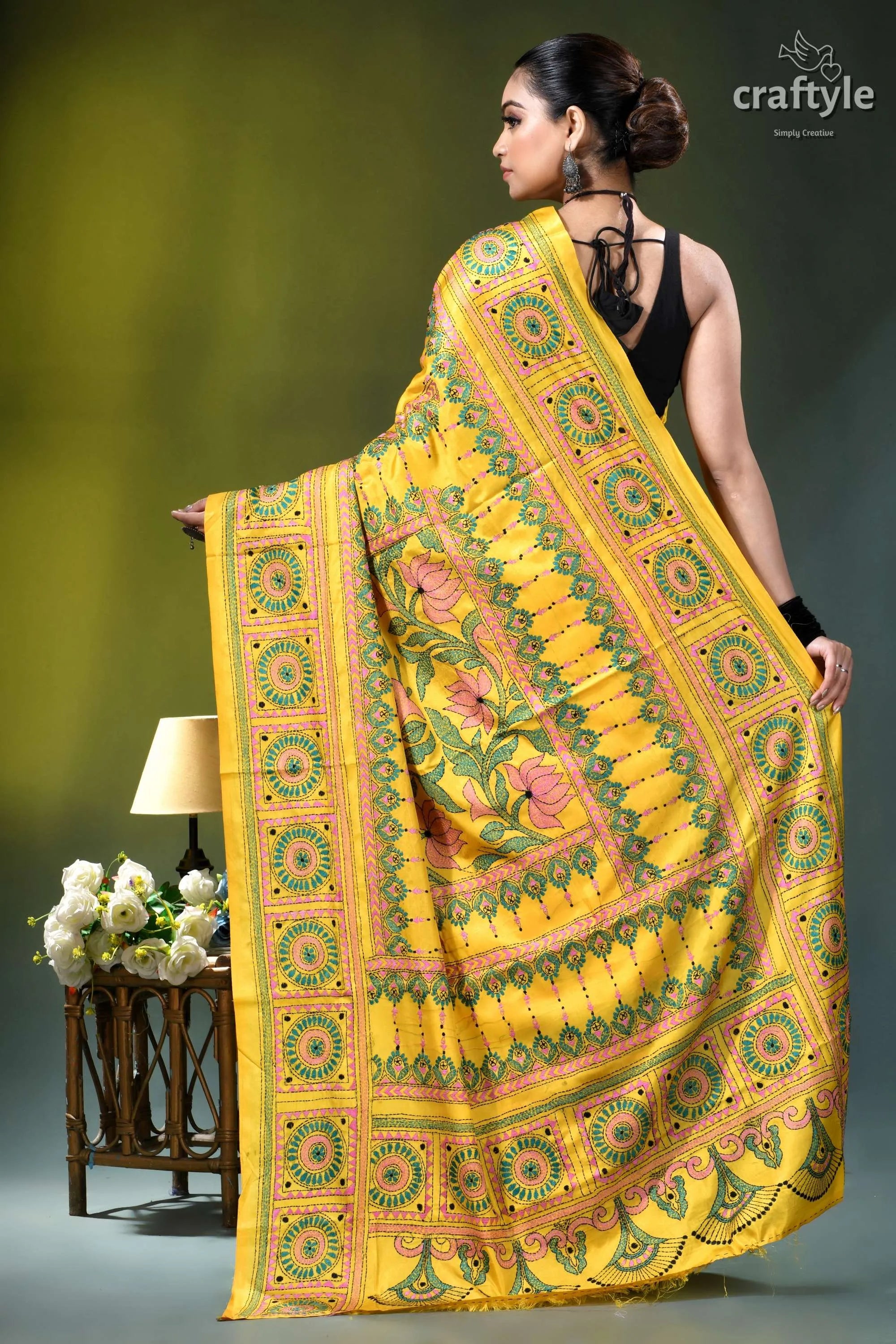 Naples yellow lotus motif handcrafted silk kantha saree vibrant yellow hand-block printed silk 4