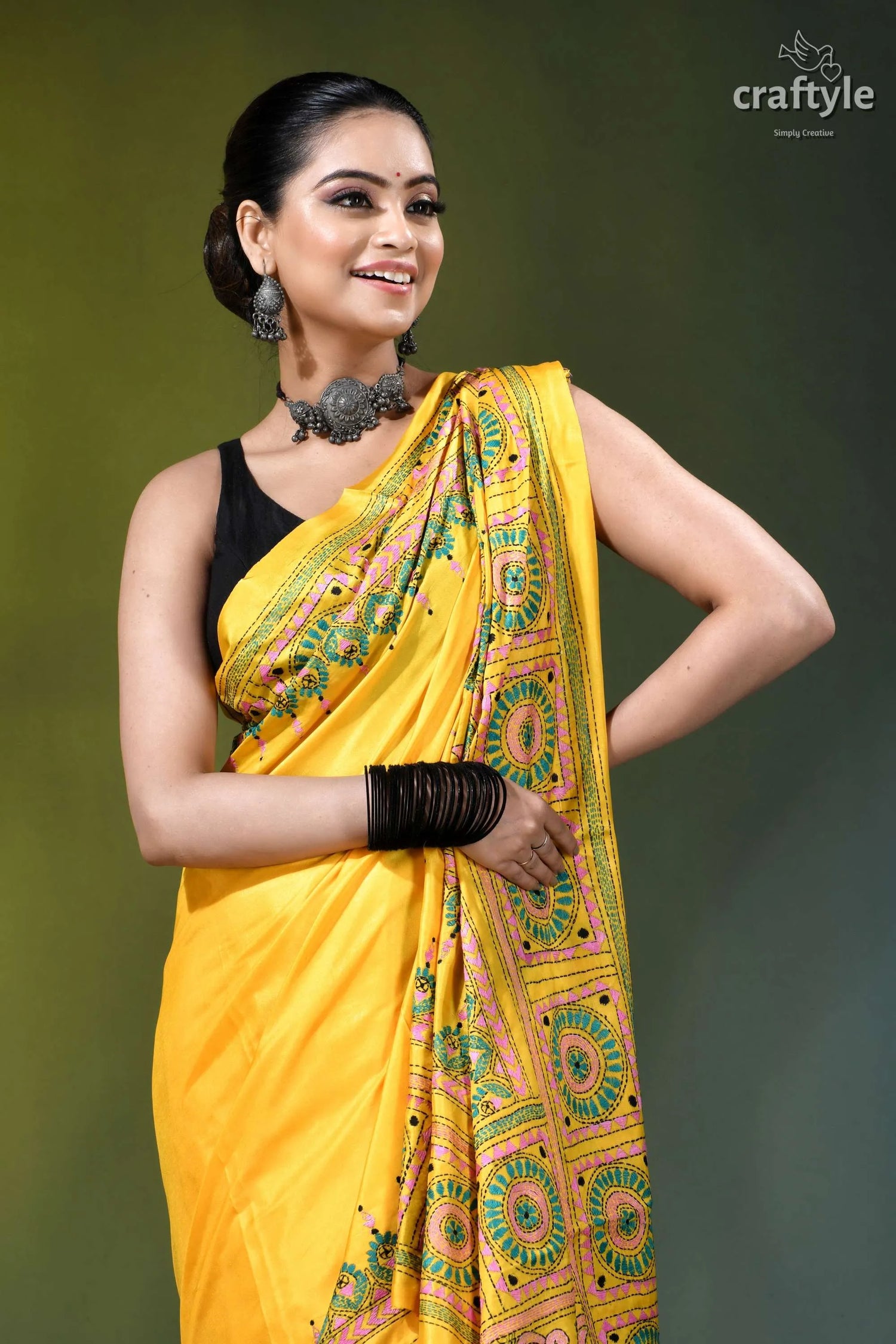 Naples yellow lotus motif handcrafted silk kantha saree vibrant yellow saree intricate green 2