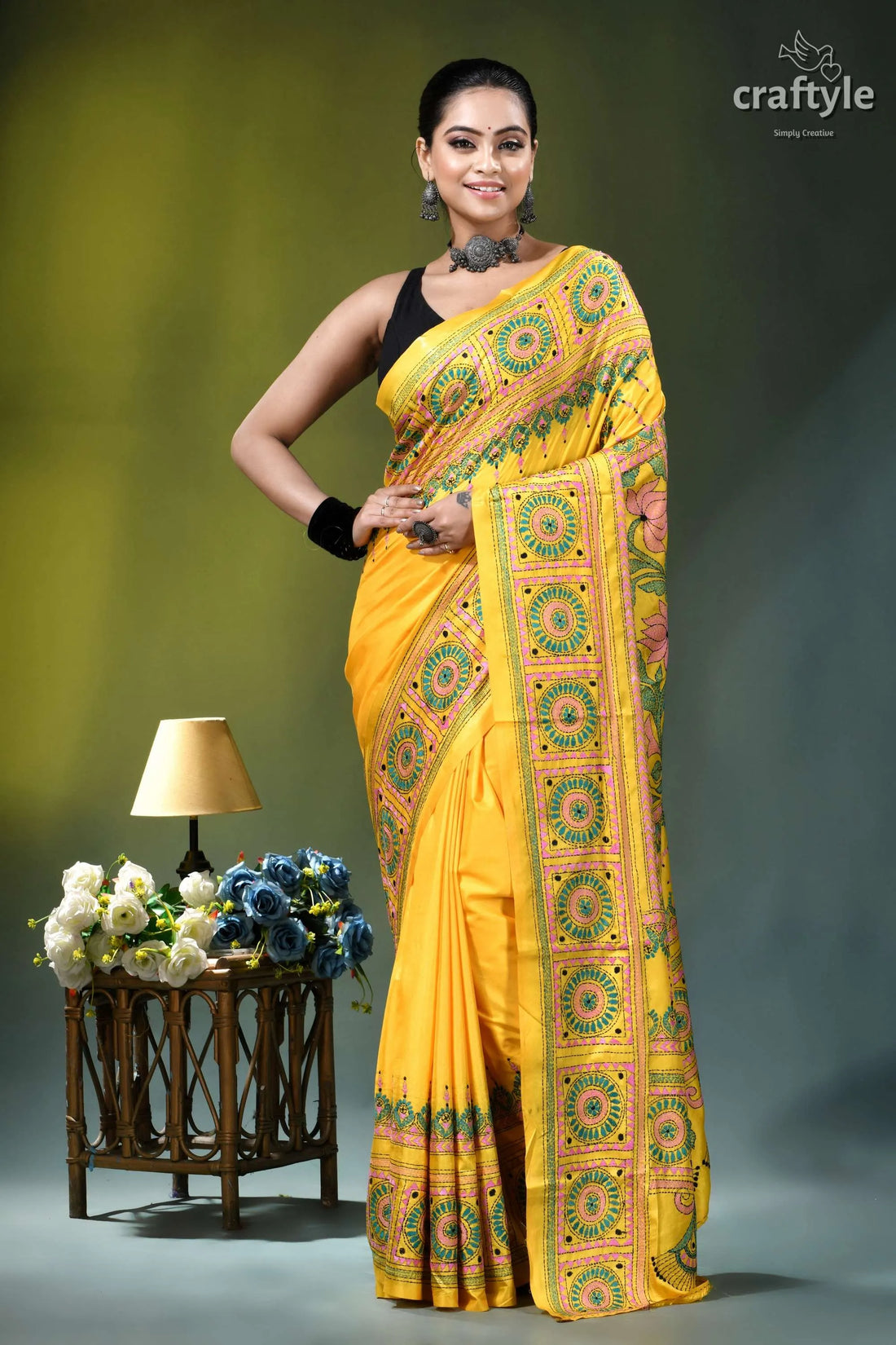 Naples yellow lotus motif handcrafted silk kantha saree vibrant yellow saree intricate green 1