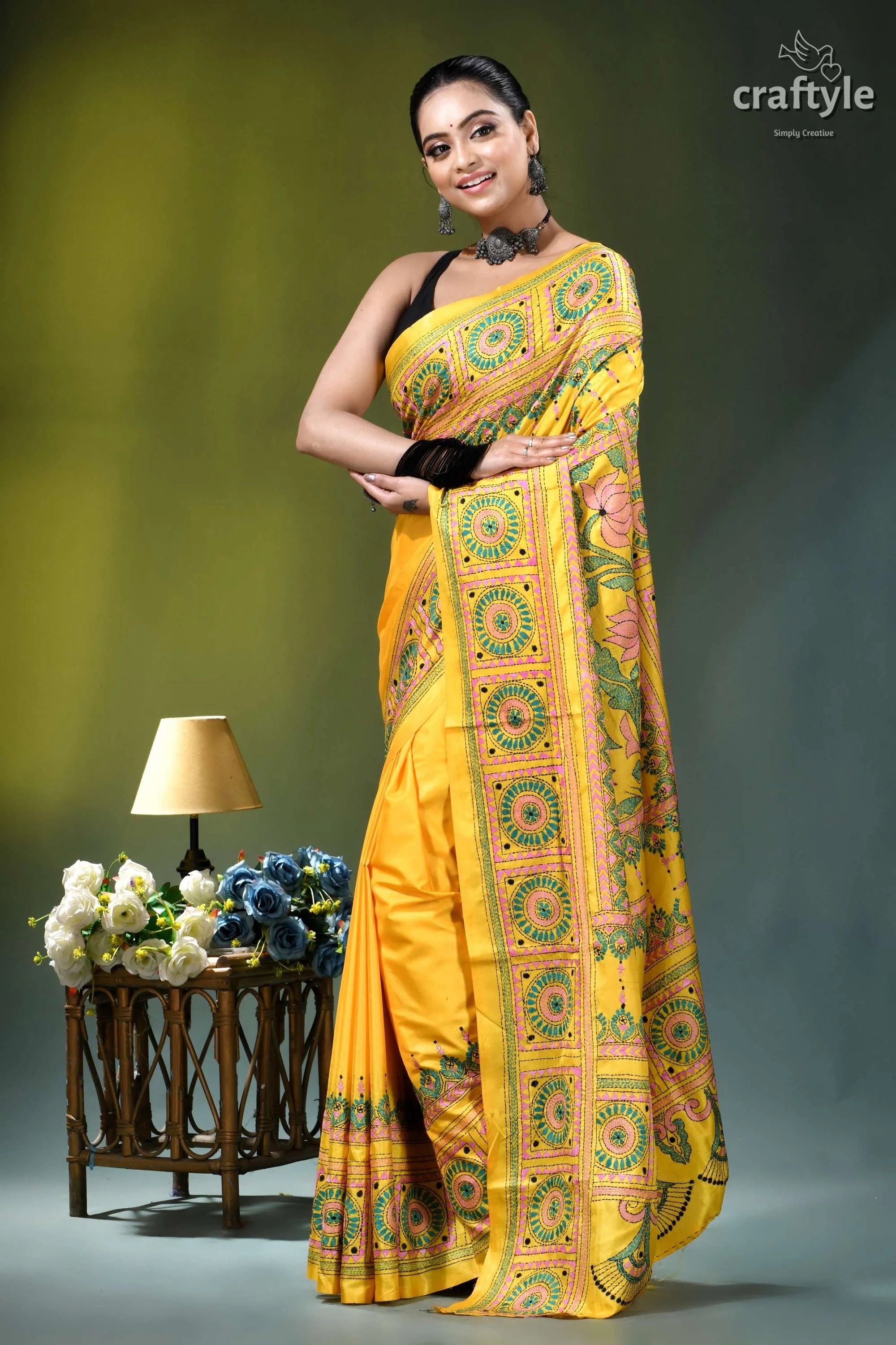 Naples yellow lotus motif handcrafted silk kantha saree vibrant yellow saree intricate green 3