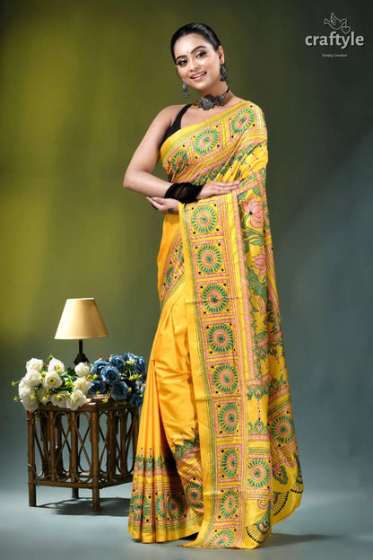 Naples yellow lotus motif handcrafted silk kantha saree vibrant yellow saree intricate green 3