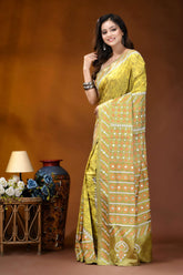 Naples yellow mirror work gujrati stitch dyed silk saree with ethnic hand batik design vibrant yellow saree intricate