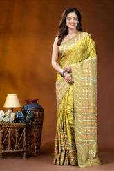 Naples yellow mirror work gujrati stitch dyed silk saree with ethnic hand batik design vibrant yellow saree intricate