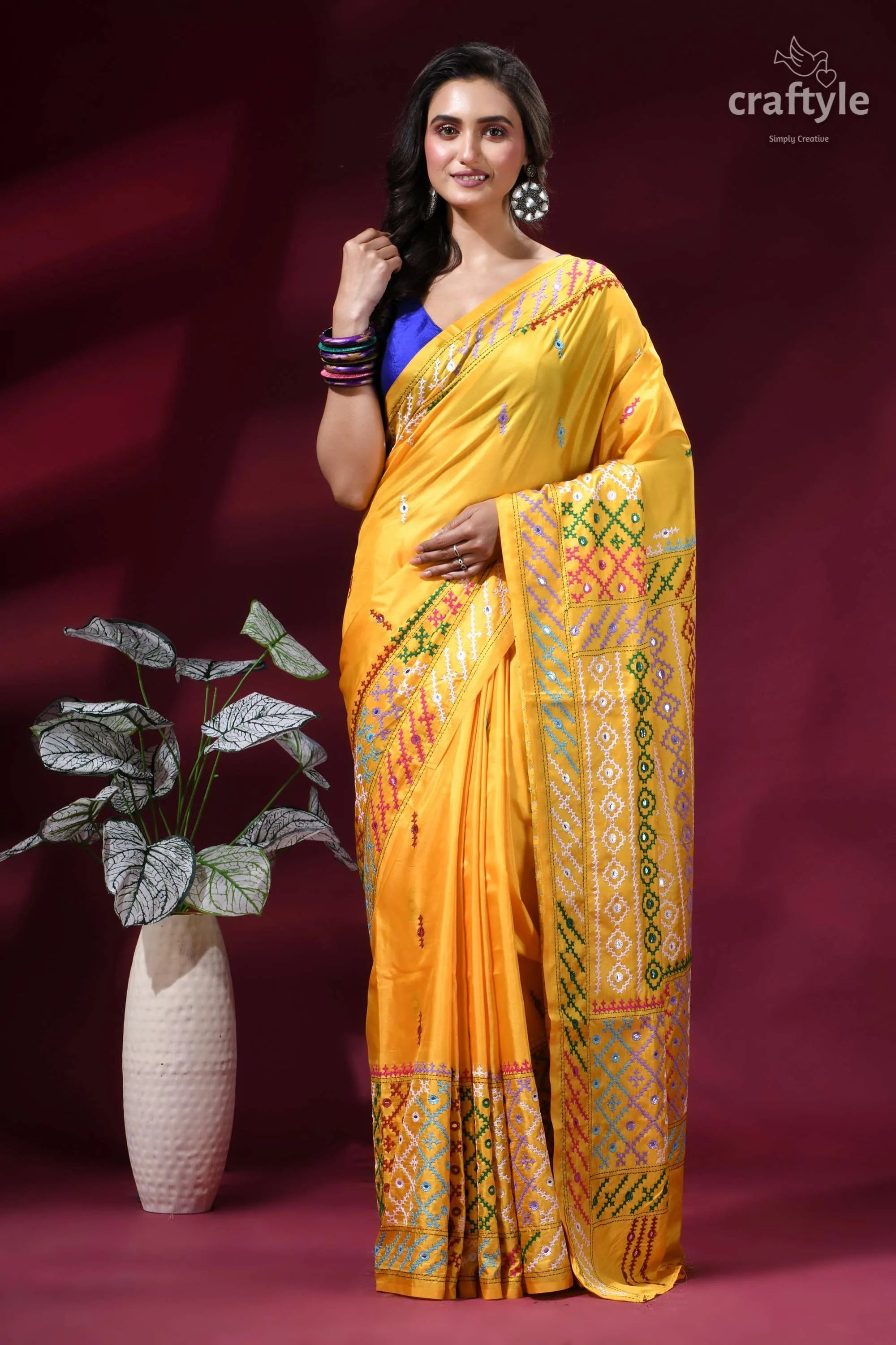 Naples yellow multicolor thread gujrati stitch silk saree - mirror work vibrant yellow silk saree adorned 1
