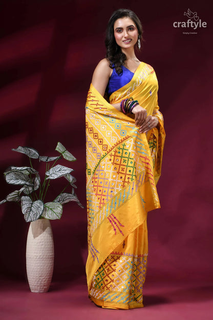Naples yellow multicolor thread gujrati stitch silk saree - mirror work vibrant yellow saree intricate geometric 7