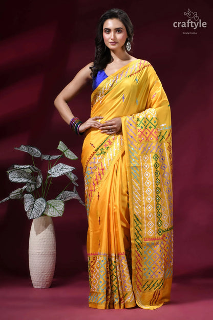 Naples yellow multicolor thread gujrati stitch silk saree - mirror work vibrant yellow silk saree intricate 8