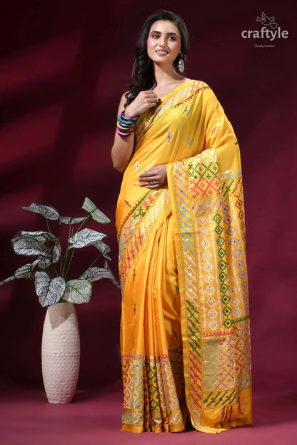 Naples yellow multicolor thread gujrati stitch silk saree - mirror work vibrant yellow silk saree intricate 4