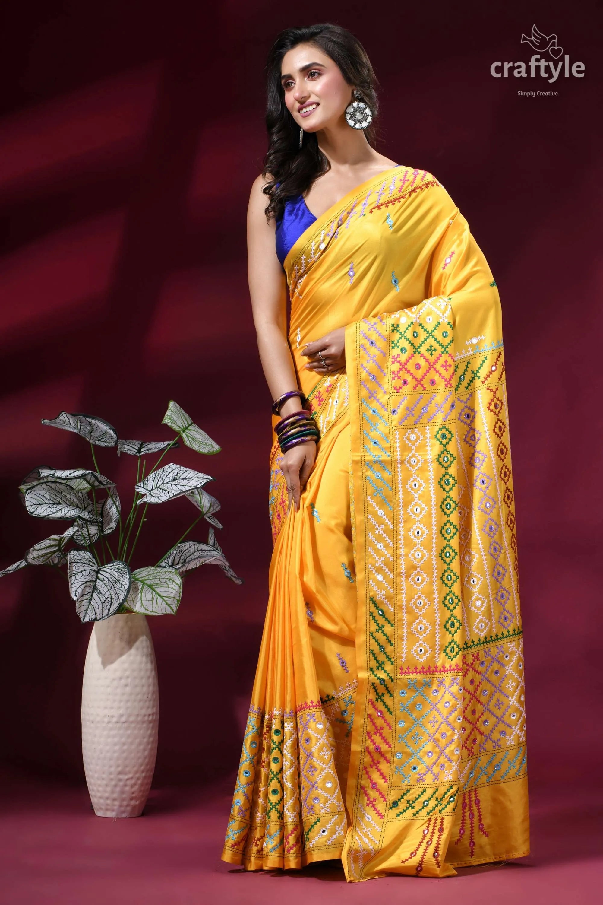 Naples yellow multicolor thread gujrati stitch silk saree - mirror work vibrant yellow silk saree intricate 3