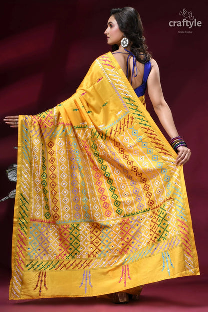 Naples yellow multicolor thread gujrati stitch silk saree - mirror work vibrant yellow banarasi saree intricate 6