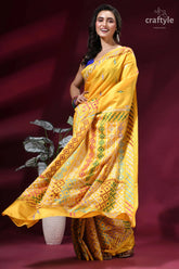 Naples yellow multicolor thread gujrati stitch silk saree - mirror work vibrant yellow silk saree intricate 5