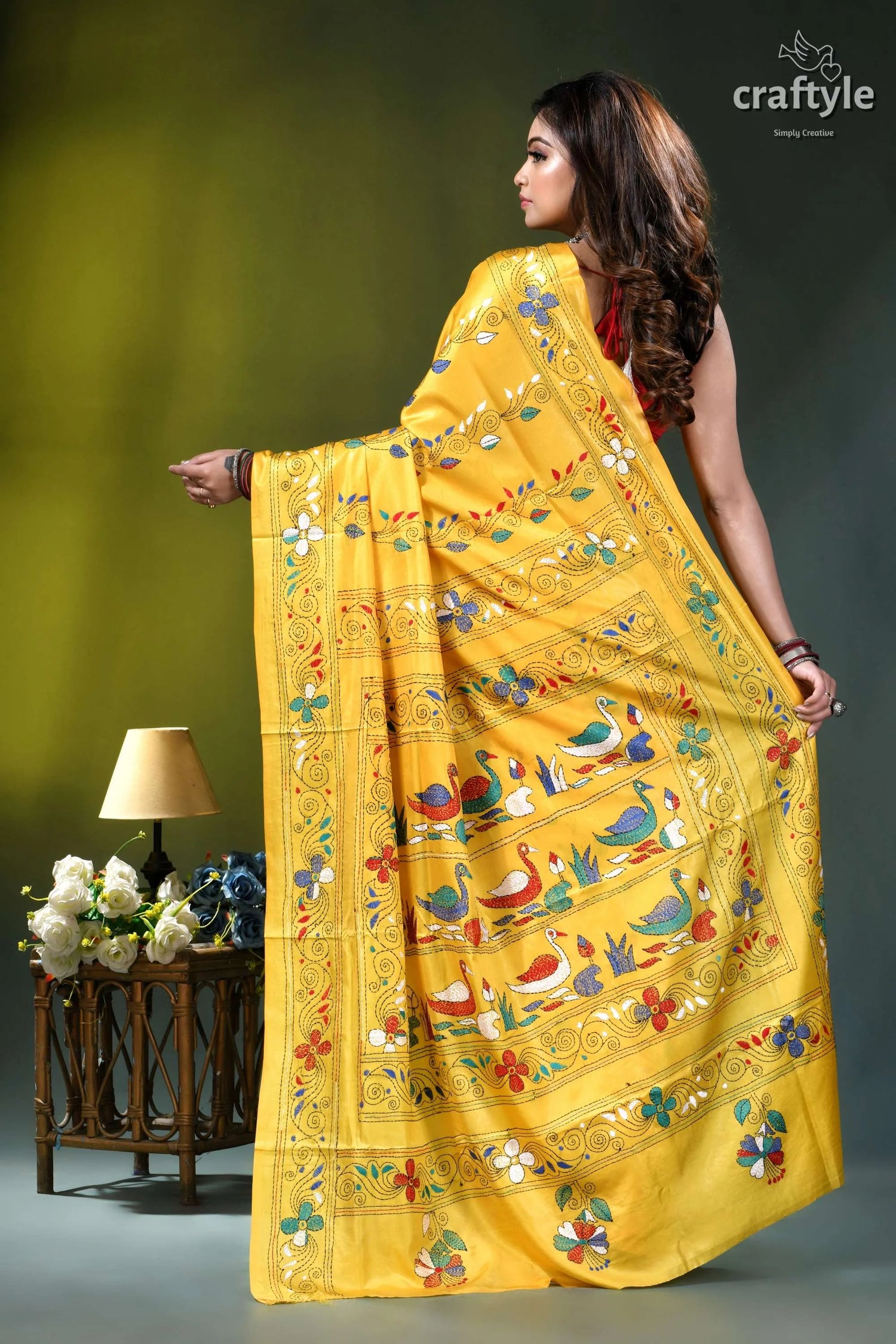 Naples yellow swan motif ethnic kantha stitched silk saree vibrant yellow saree adorned intricate 5