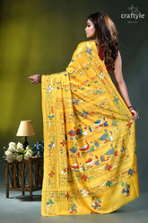 Naples yellow swan motif ethnic kantha stitched silk saree vibrant yellow saree adorned intricate 5