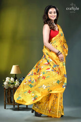 Naples yellow swan motif ethnic kantha stitched silk saree vibrant yellow silk saree adorned 4