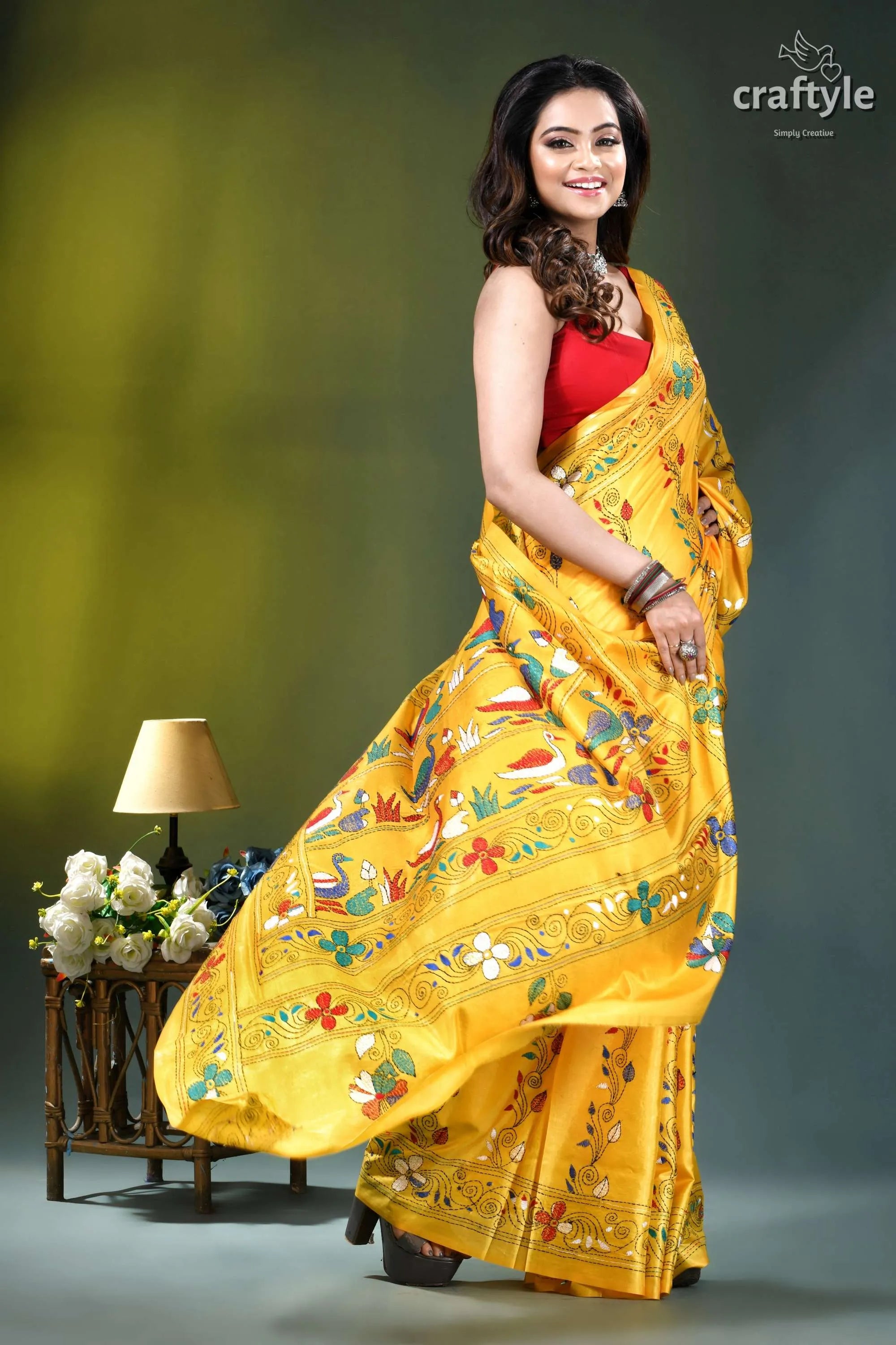 Naples yellow swan motif ethnic kantha stitched silk saree vibrant yellow silk saree adorned 4