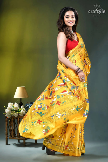 Naples yellow swan motif ethnic kantha stitched silk saree vibrant yellow silk saree adorned 4