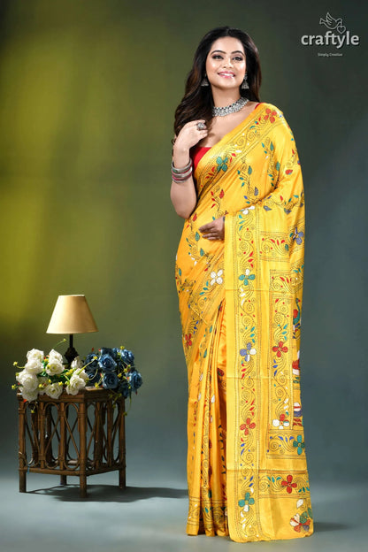 Naples yellow swan motif ethnic kantha stitched silk saree vibrant yellow saree adorned intricate 6