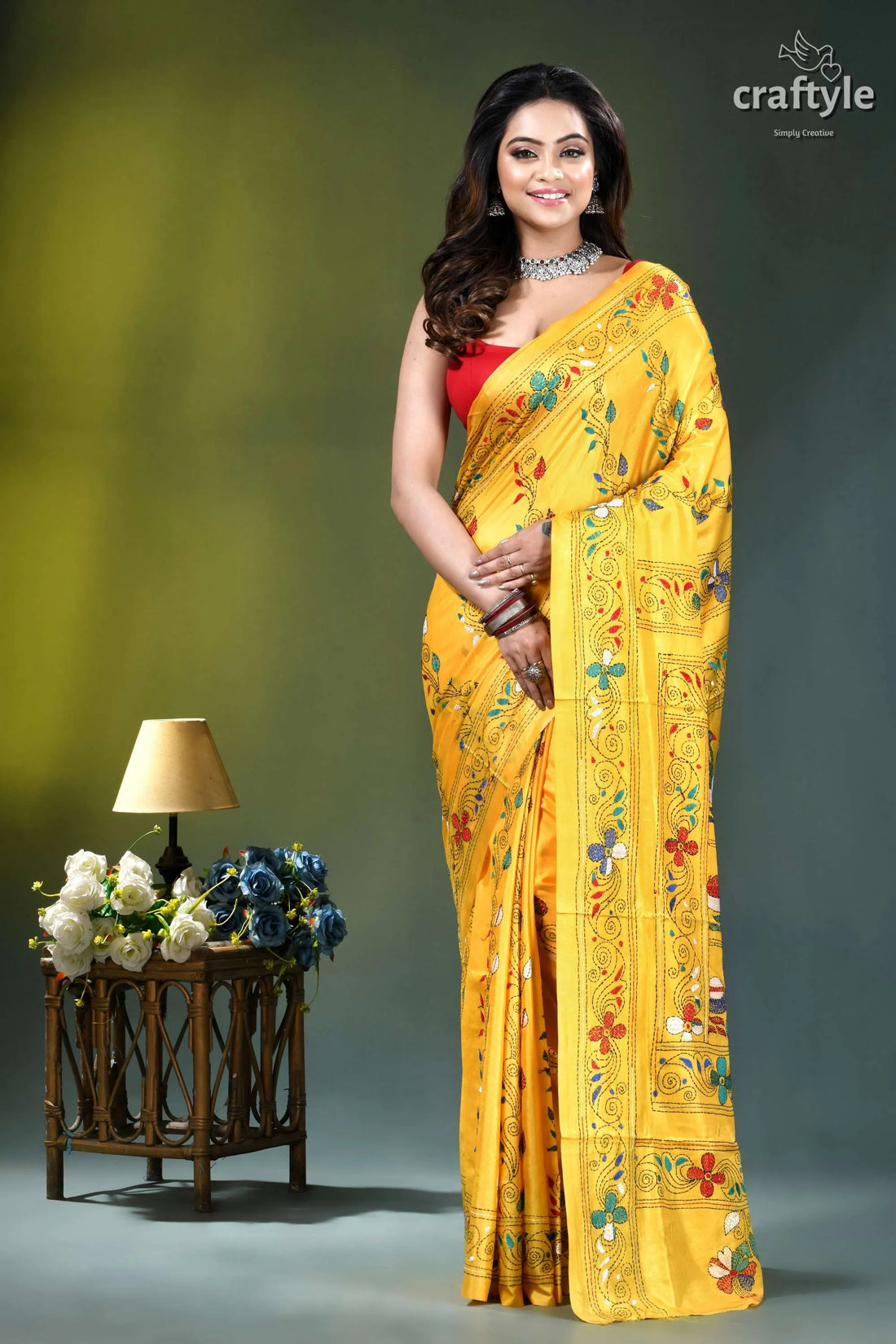 Naples yellow swan motif ethnic kantha stitched silk saree vibrant yellow saree intricate floral 1