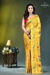 Naples yellow swan motif ethnic kantha stitched silk saree vibrant yellow saree intricate floral 1