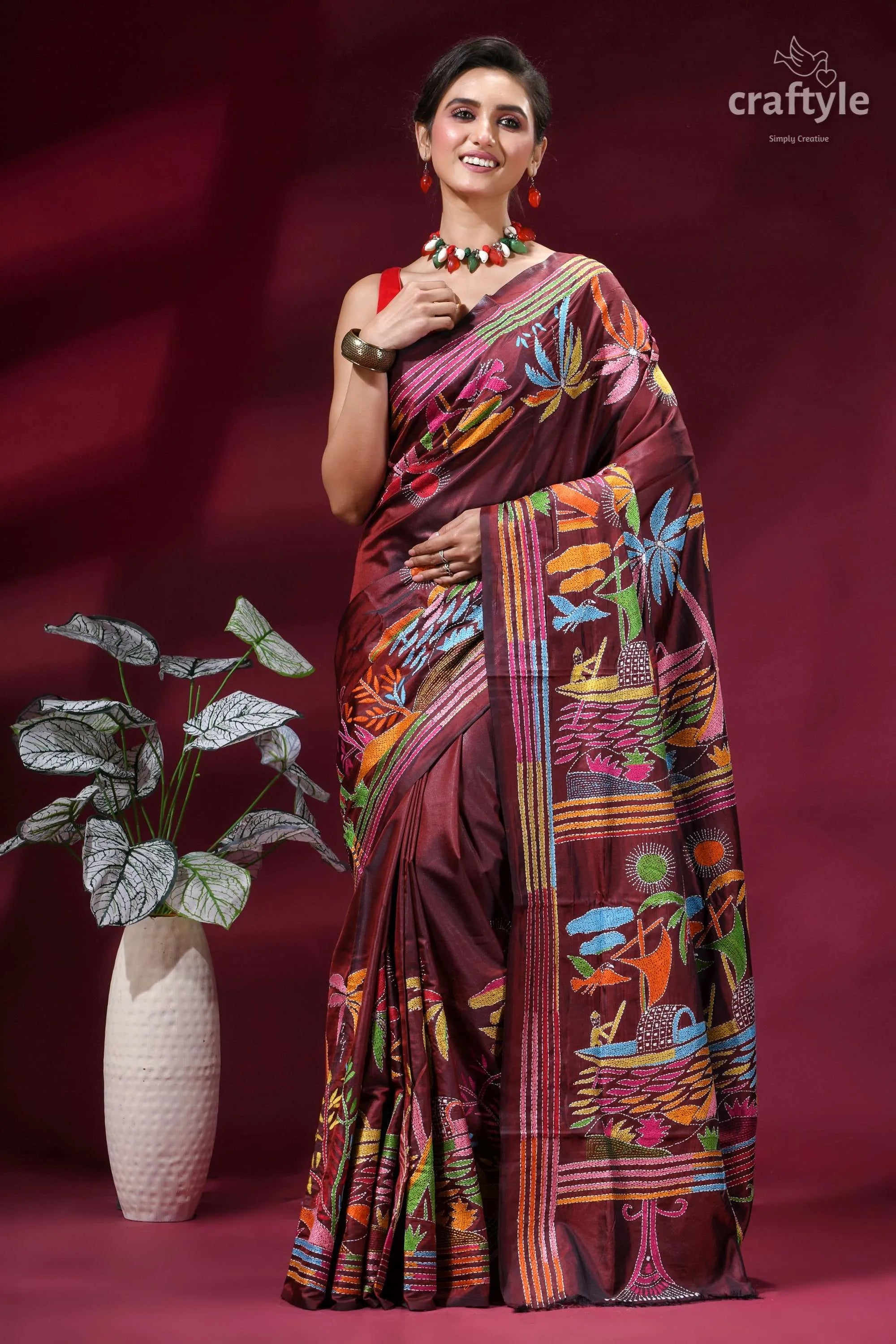 Nature theme handcrafted silk kantha stitch saree in wine vibrant maroon silk saree adorned 6