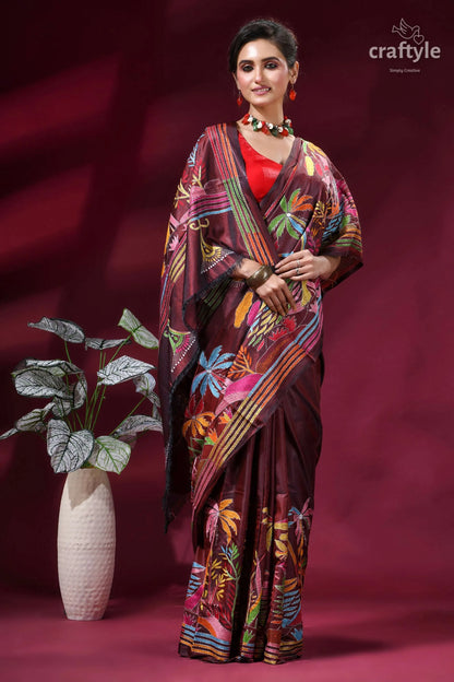 Nature theme handcrafted silk kantha stitch saree in wine woman wears maroon silk saree 5
