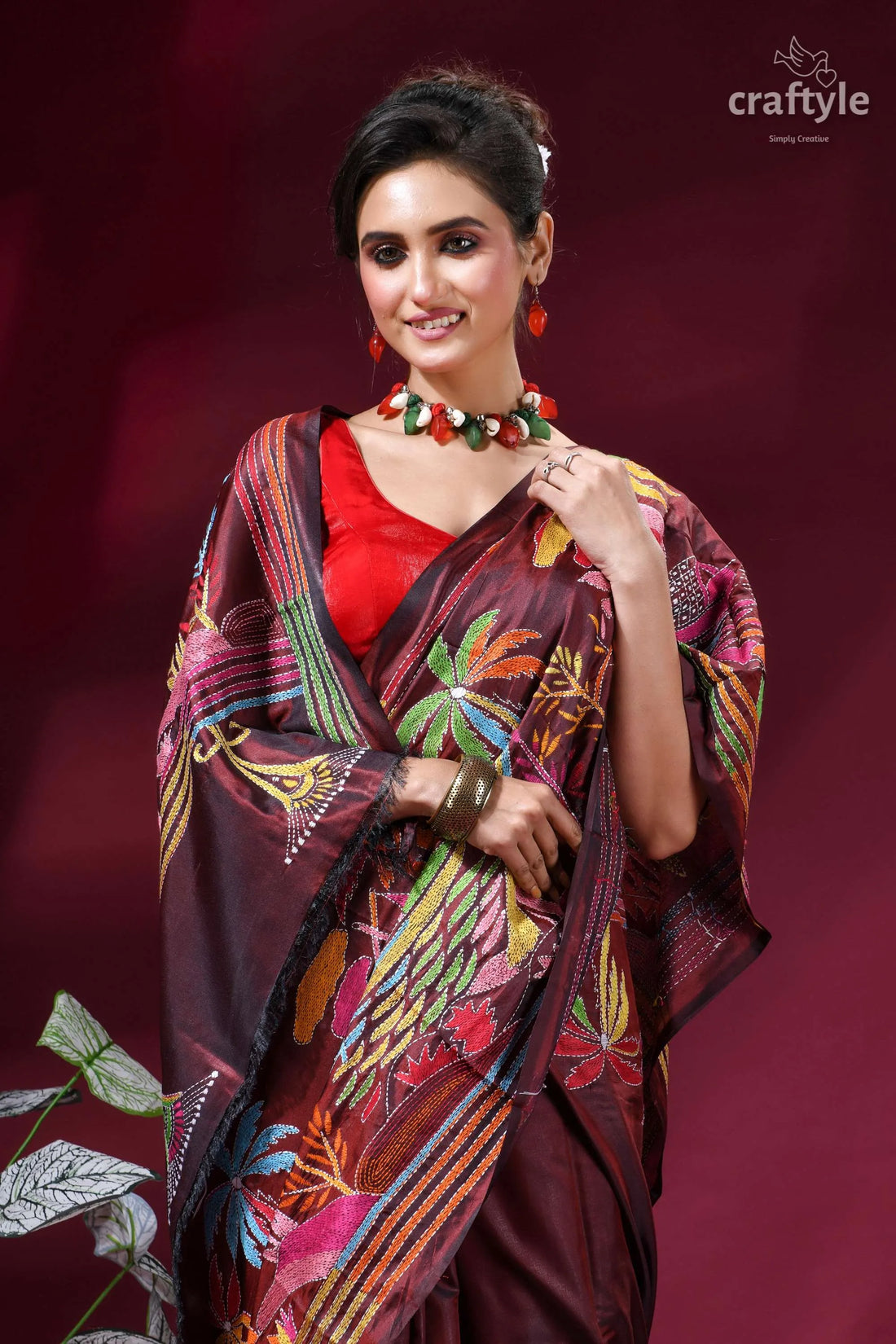 Nature theme handcrafted silk kantha stitch saree in wine maroon silk saree adorned vibrant 2
