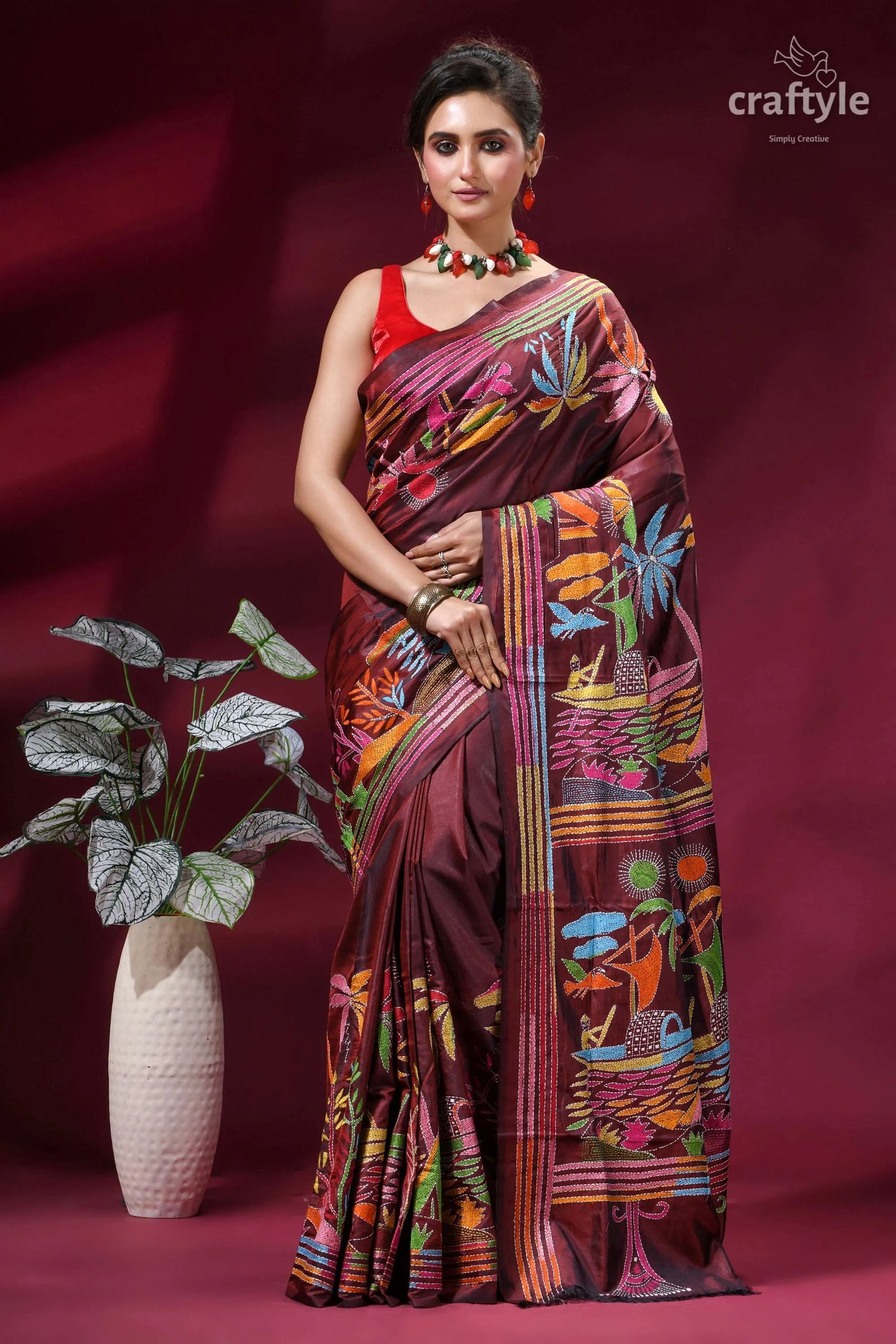 Nature theme handcrafted silk kantha stitch saree in wine maroon silk saree adorned vibrant 1