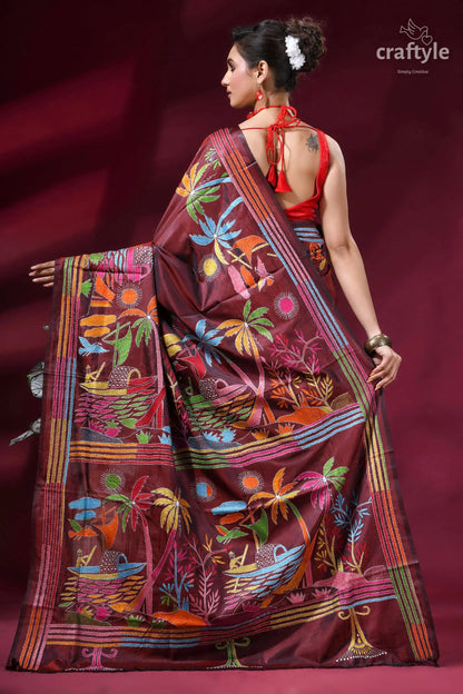 Nature theme handcrafted silk kantha stitch saree in wine maroon silk saree vibrant colorful 4