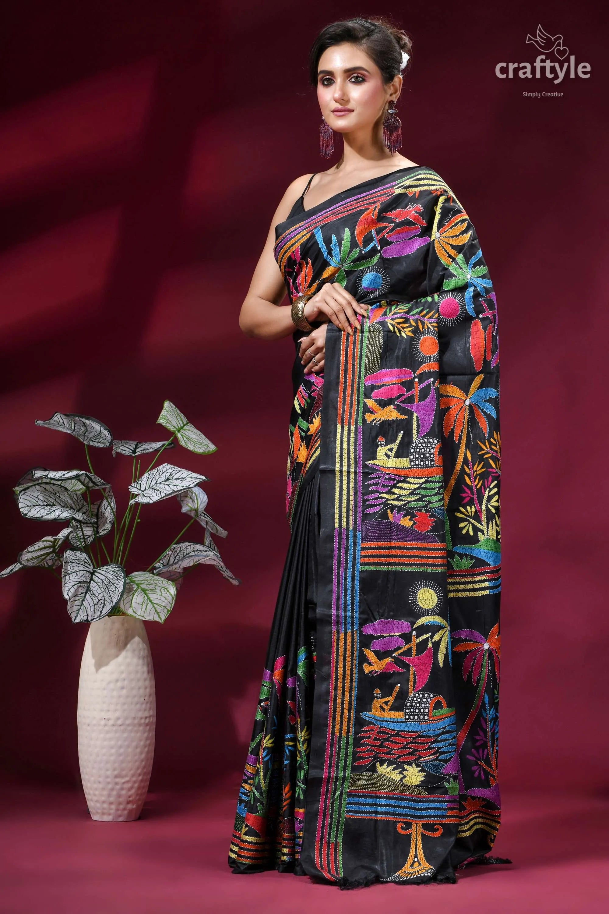 Nature theme multithread silk kantha saree - pitch black black silk saree vibrant colorful 3