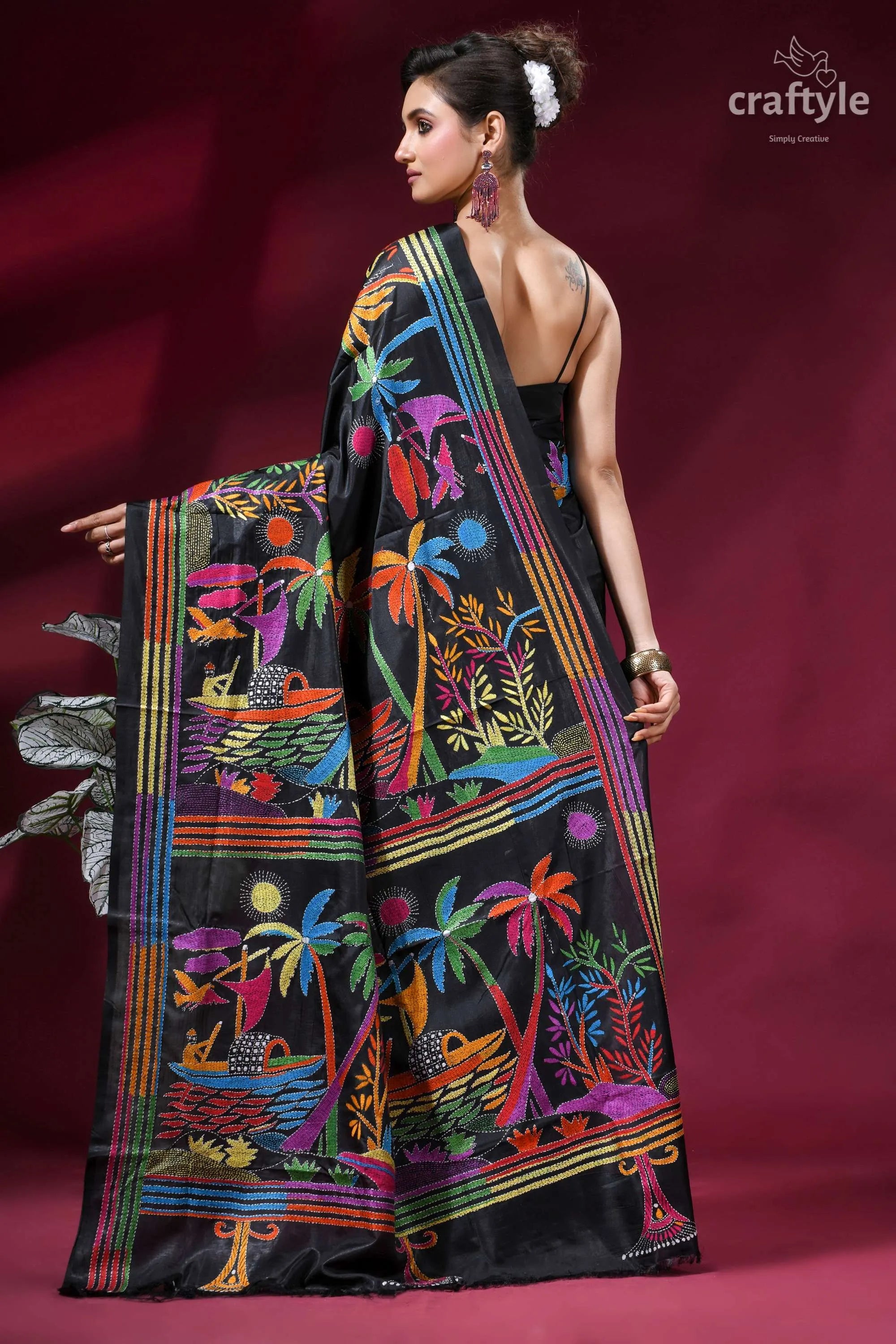 Nature theme multithread silk kantha saree - pitch black vibrant hand-embroidered black silk saree 5