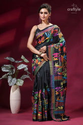 Nature theme multithread silk kantha saree - pitch black black silk saree adorned vibrant 1