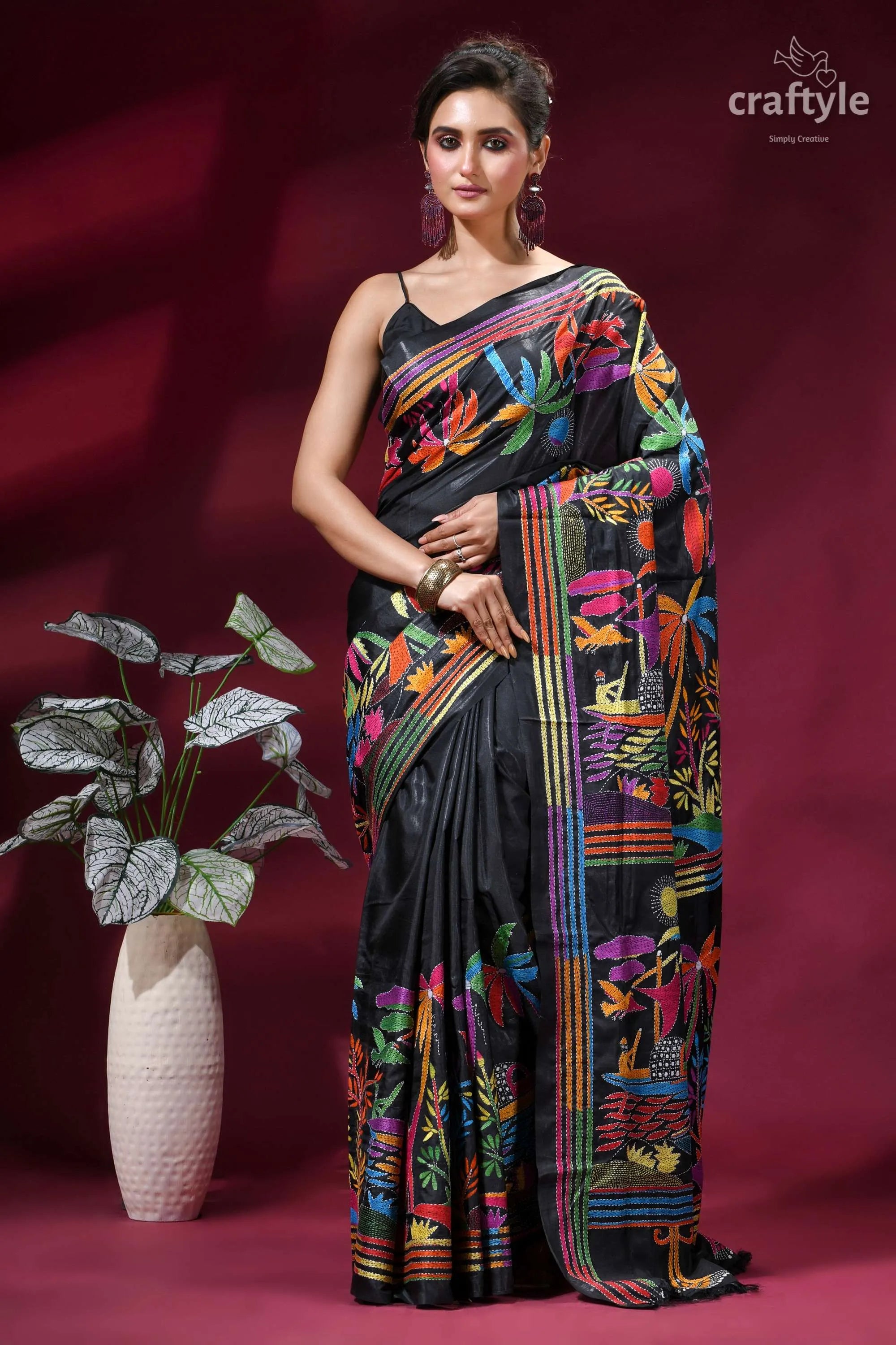 Nature theme multithread silk kantha saree - pitch black black silk saree adorned vibrant 1