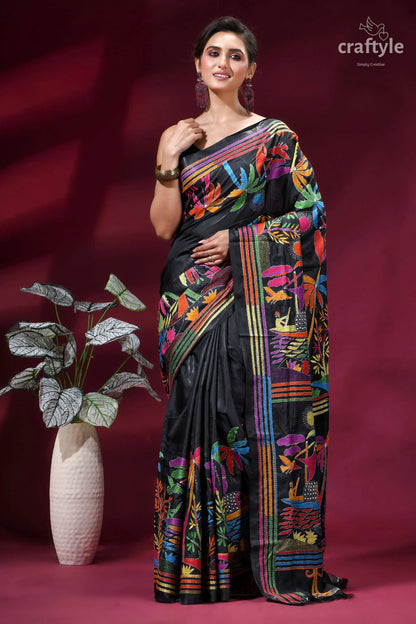 Nature theme multithread silk kantha saree - pitch black black silk saree adorned vibrant 6