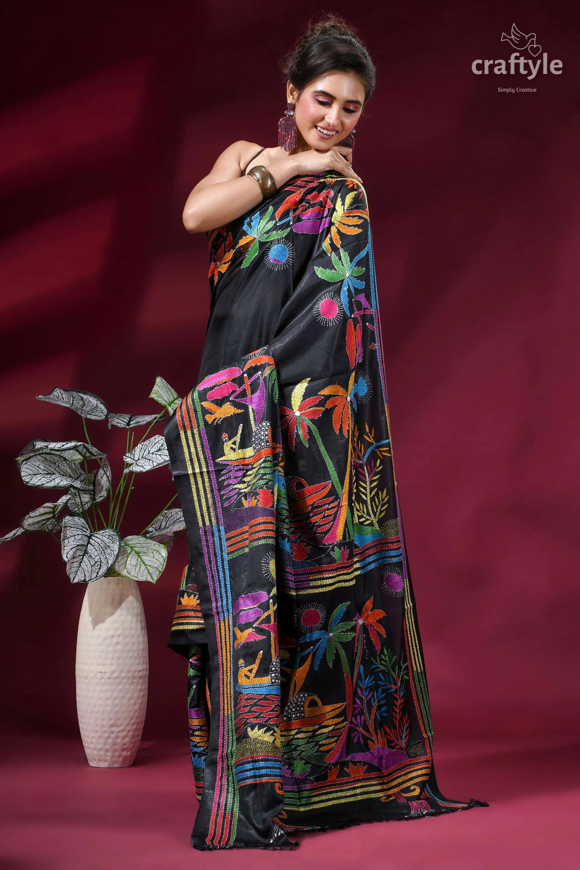 Nature theme multithread silk kantha saree - pitch black black silk saree vibrant colorful 4