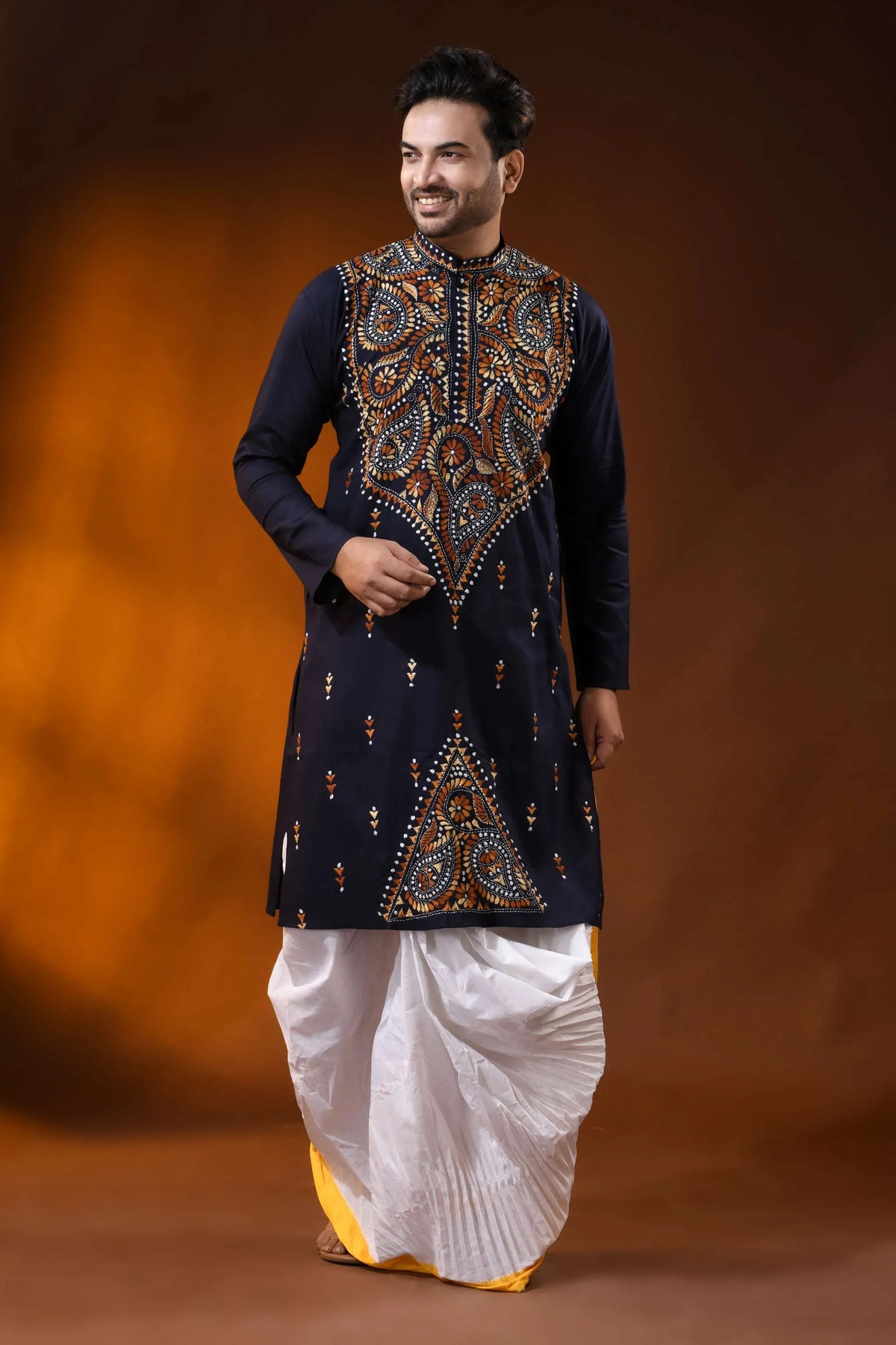 Navy blue brown thread kantha stitch pure cotton kurta for men 1