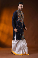 Navy blue brown thread kantha stitch pure cotton kurta for men 4