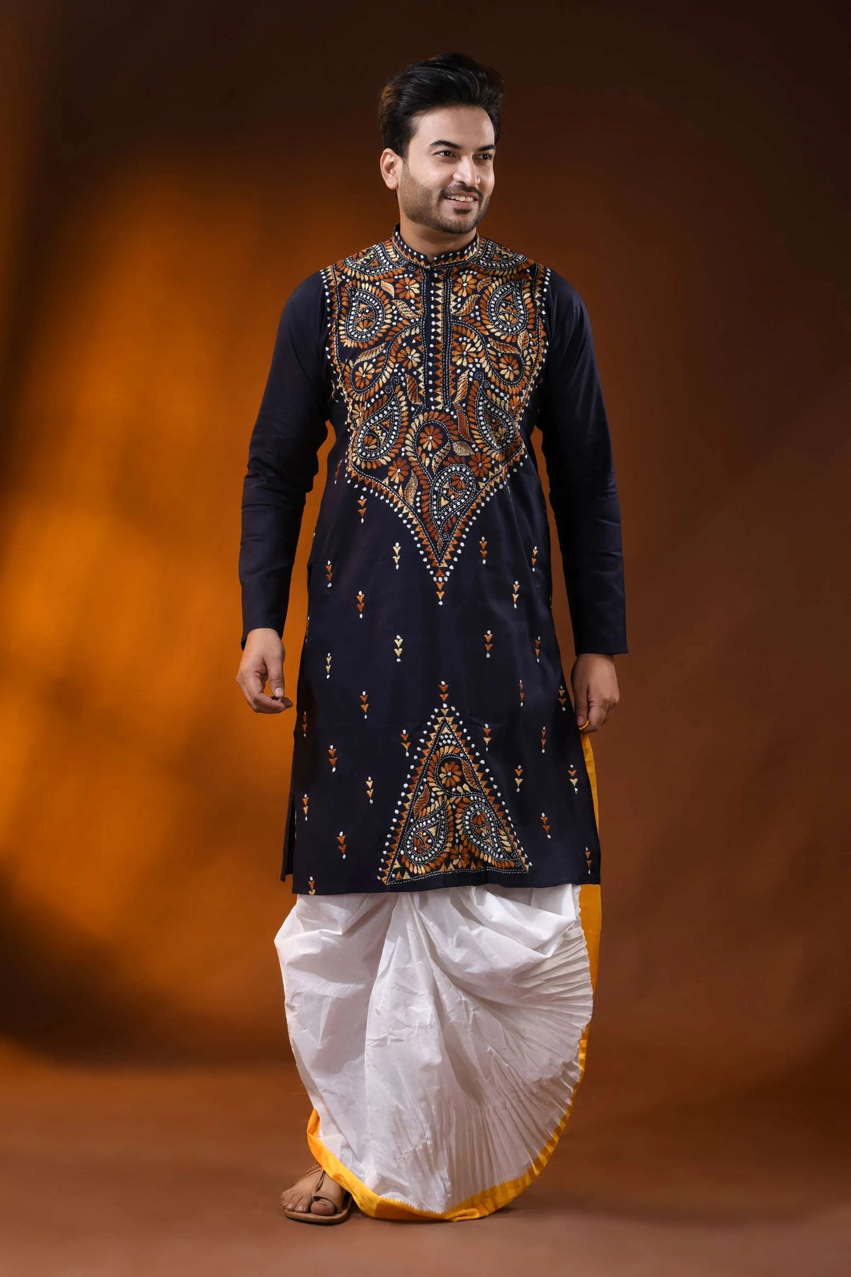 Navy blue brown thread kantha stitch pure cotton kurta for men 6