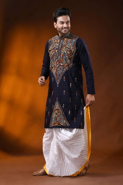 Navy blue brown thread kantha stitch pure cotton kurta for men 3