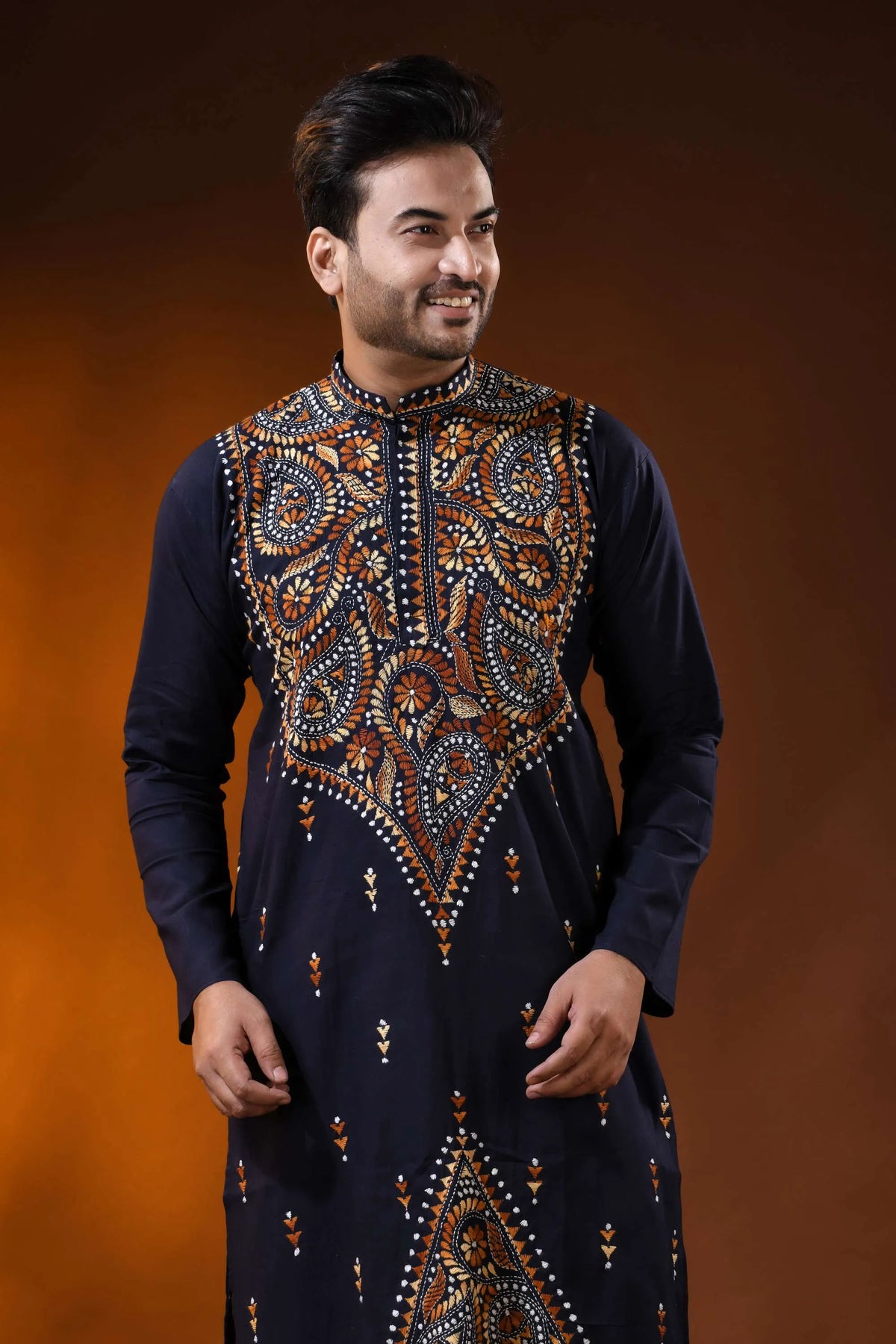 Navy blue brown thread kantha stitch pure cotton kurta for men 2