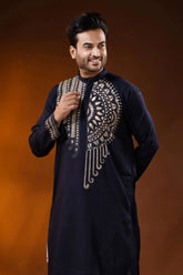 Navy blue designer cotton panjabi for men with mandala kantha work 6